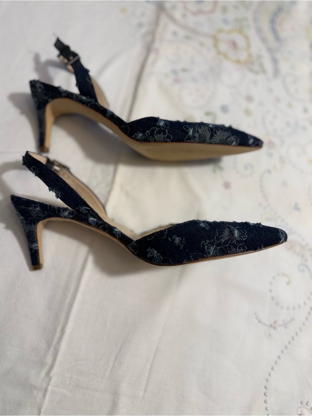 Nine West Navy Distressed Denim Pointed Slingback Heels